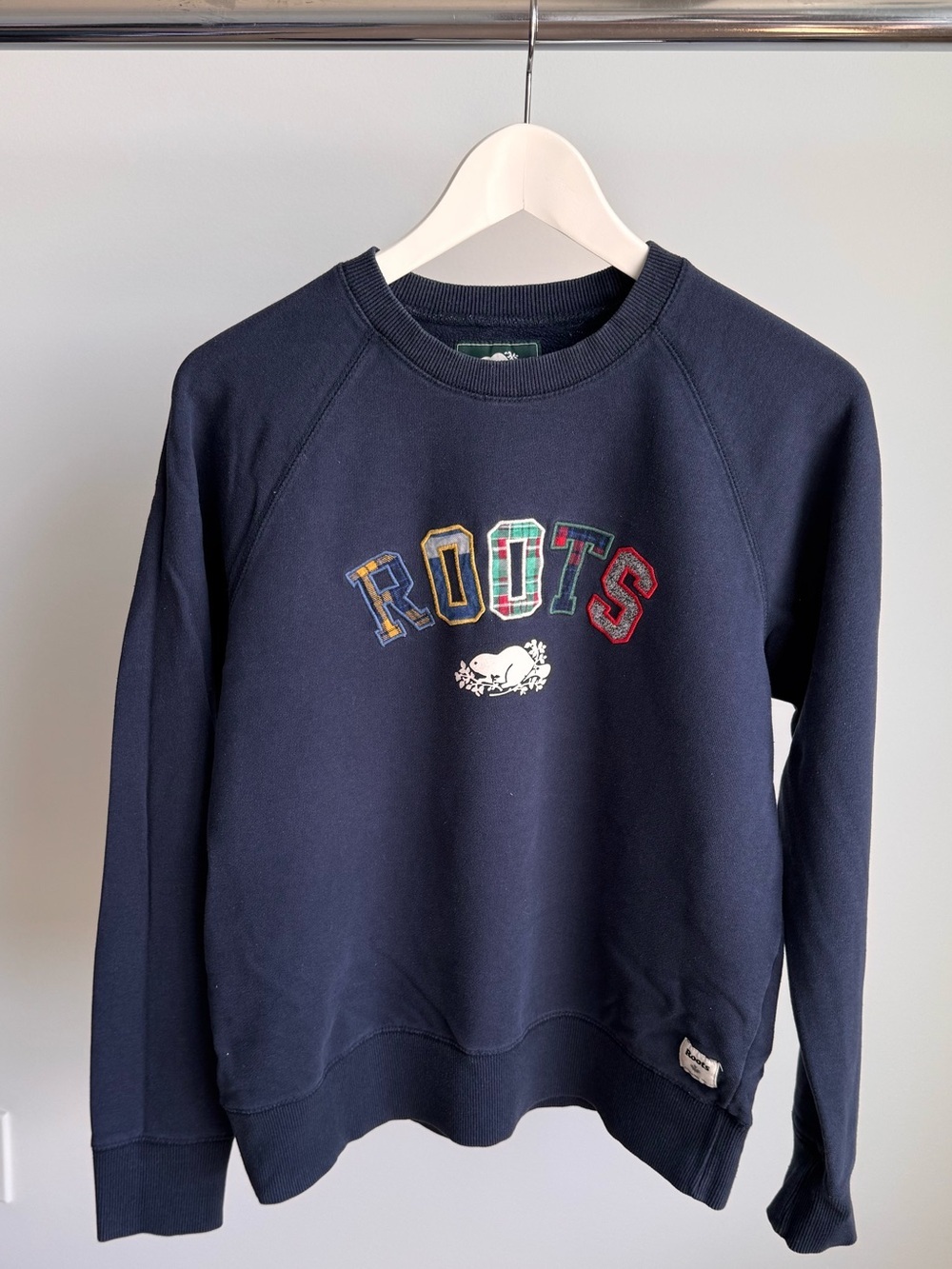 Roots Canada Plaid Applique Logo Crewneck Sweatshirt Navy M
